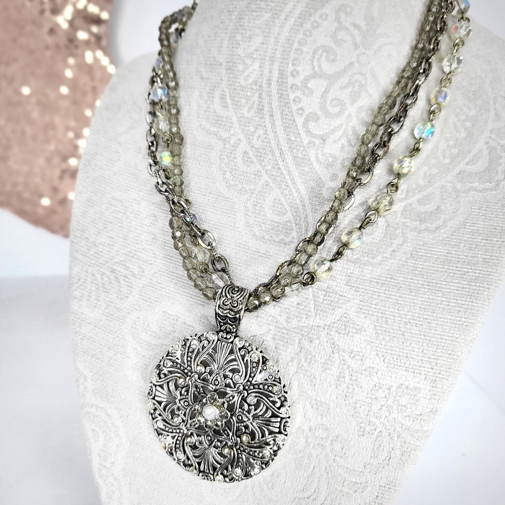 Beautiful multistrand beaded necklace silver medallion